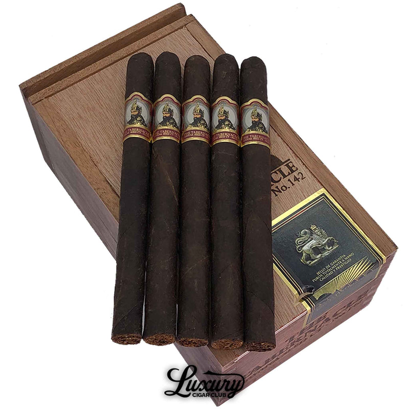 Close-up of Foundation Tabernacle Havana Seed CT No. 142 Lancero cigars on box – elegant medium to full-bodied cigars by Foundation Cigar Co. sold at Luxury Cigar Club