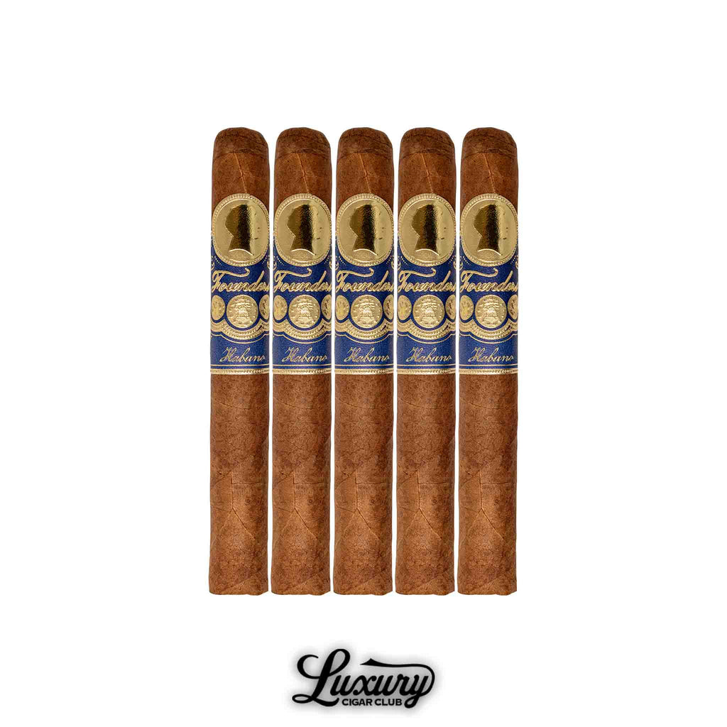 Founders Douglas Habano 5-pack cigars with navy blue and gold bands featuring a silhouette logo, displayed upright above the Luxury Cigar Club branding.