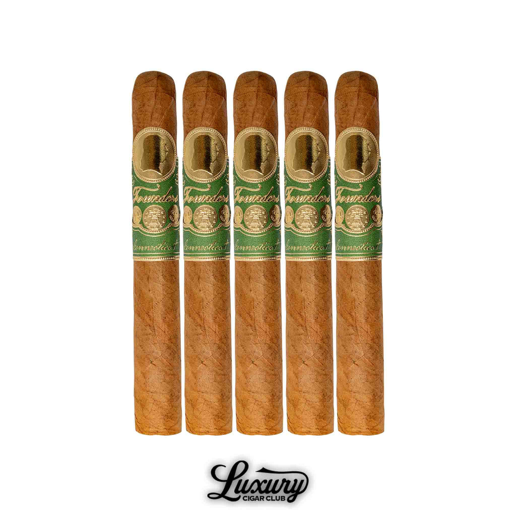 Founders Franklin Connecticut cigars in a 5-pack with golden and green bands, featuring a silhouette logo and displayed vertically above the Luxury Cigar Club logo.