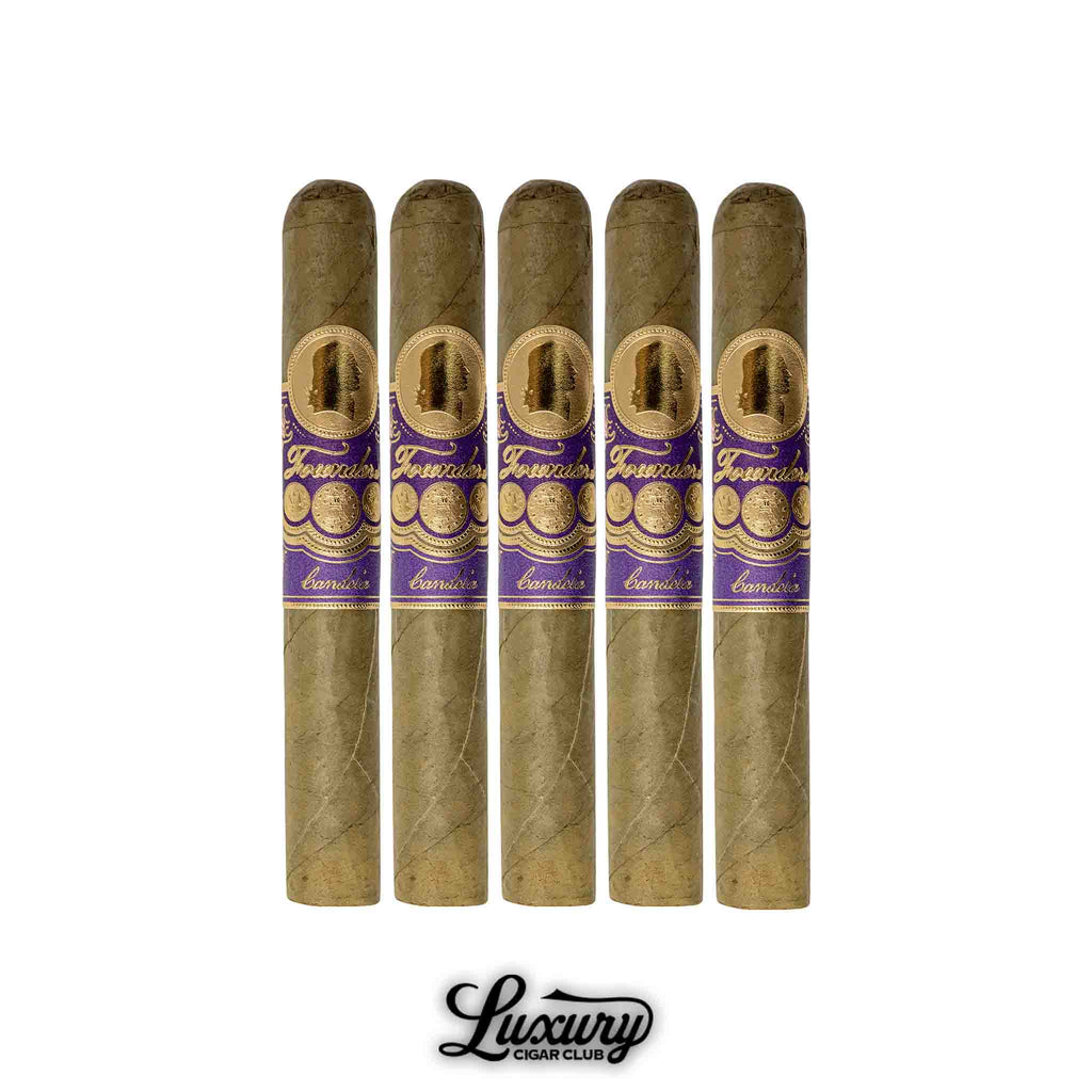 Founders Hamilton Candela cigars 5-pack with green candela wrappers, purple and gold patriotic bands, and Luxury Cigar Club branding.