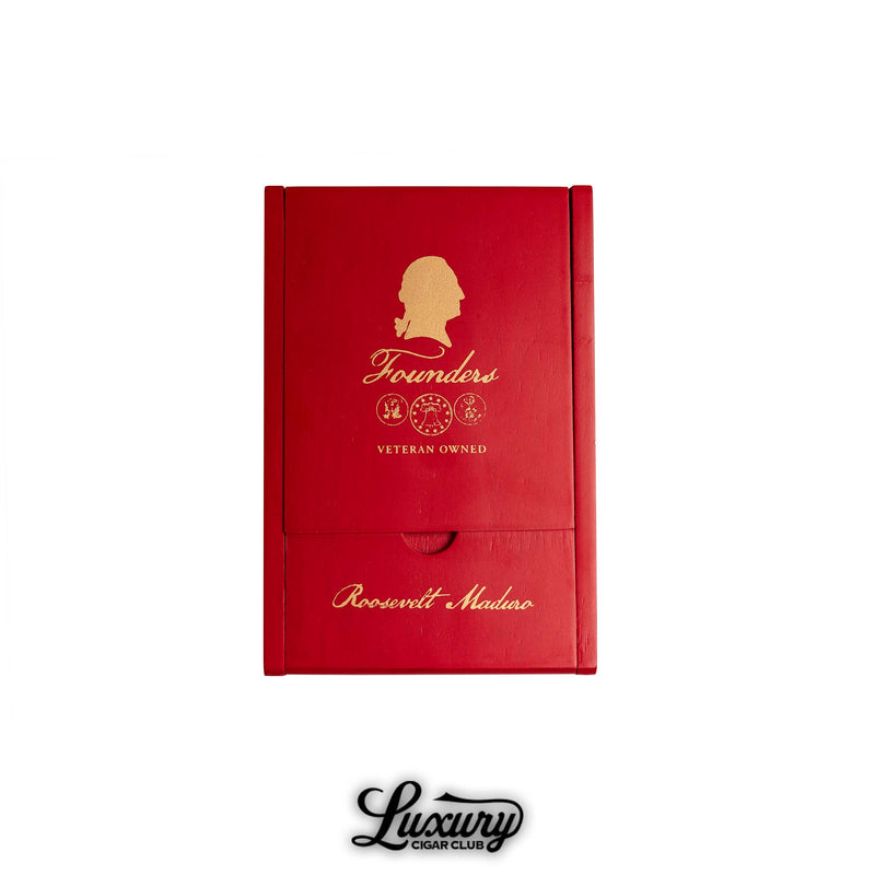 Founders Roosevelt Maduro cigar box featuring gold silhouette and Veteran Owned branding, Luxury Cigar Club packaging