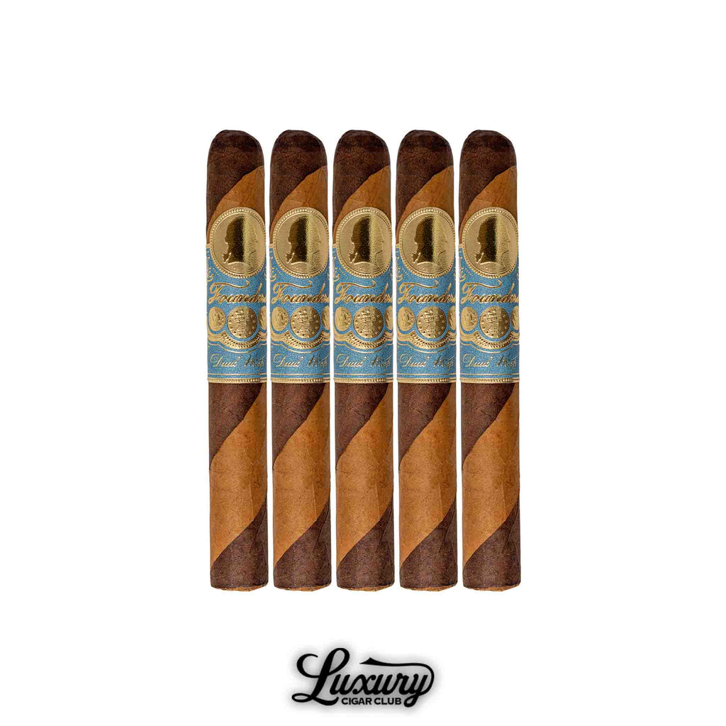 Five-pack of Founders Signature Dual Wrap cigars featuring a barber pole wrapper with alternating Maduro and Connecticut leaves, gold and blue band, displayed with Luxury Cigar Club branding.