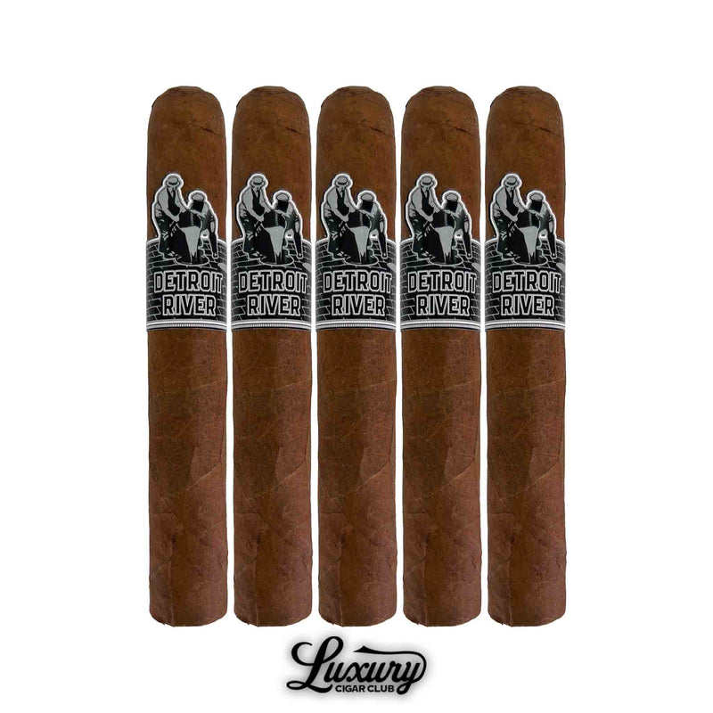 Fratello Concealed Carry Detroit River Robusto cigars five-pack close up, showcasing smooth brown wrappers with bold black and white Detroit River bands, offered by Luxury Cigar Club.