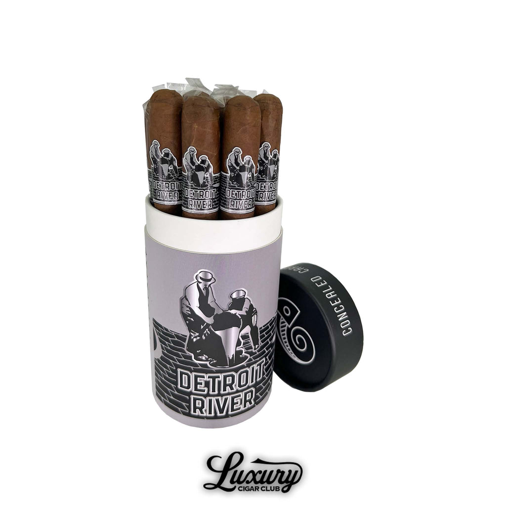 Fratello Concealed Carry Detroit River Robusto cigars in a unique round cylinder box with black and white prohibition-style artwork, showing five cigars neatly packed with branded bands, available at Luxury Cigar Club.