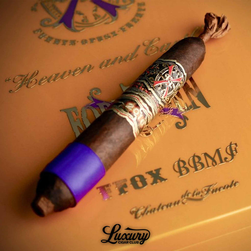 Single Fuente Fuente Opus X Heaven and Earth BBMF Maduro Unicorn cigar with purple ribbon on lacquered golden box, Luxury Cigar Club exclusive.