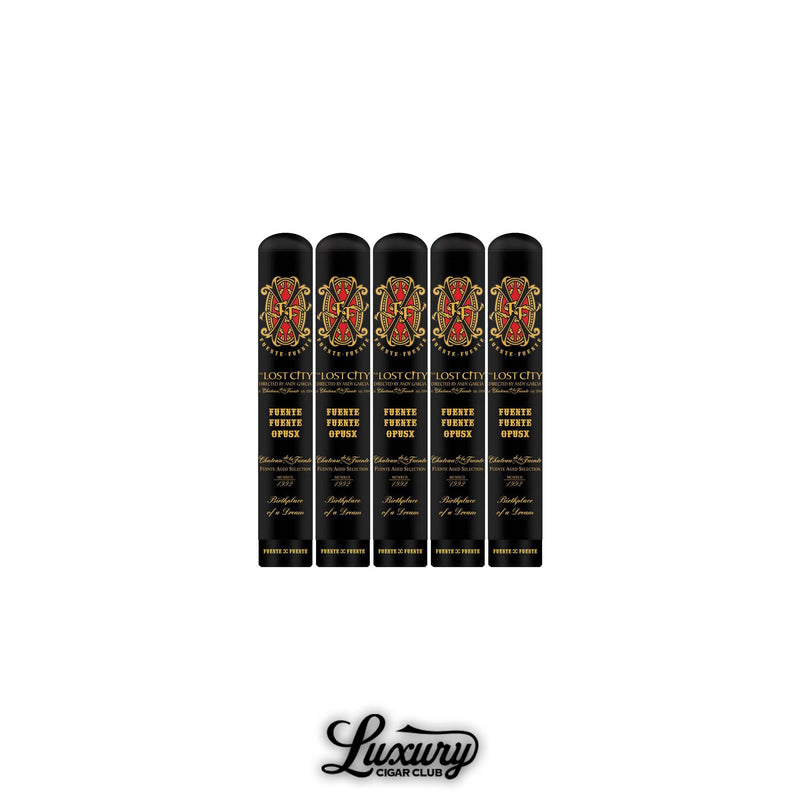 Fuente Fuente Opus X The Lost City Double Robusto Tubo cigars in black and gold tubes with red X logo in front of Luxury Cigar Club logo