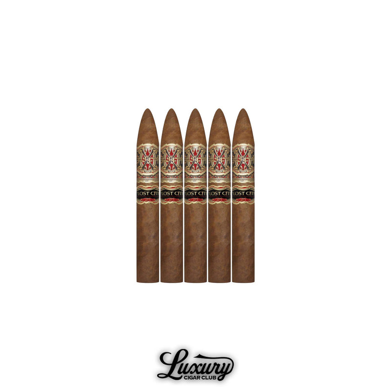 Fuente Fuente Opus X The Lost City Piramide cigars with tapered heads and black Lost City bands arranged in a row