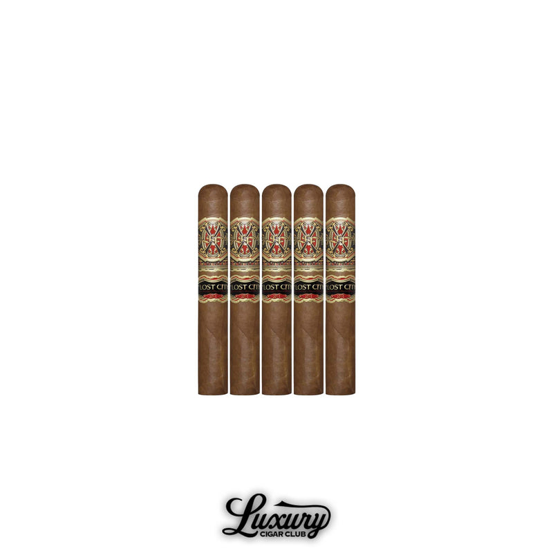 Fuente Fuente Opus X The Lost City Robusto cigars with dark brown wrappers and bold red and gold labels standing upright