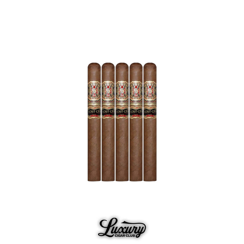 Fuente Fuente Opus X The Lost City Toro cigars featuring classic Lost City branding and smooth natural wrappers lined up neatly
