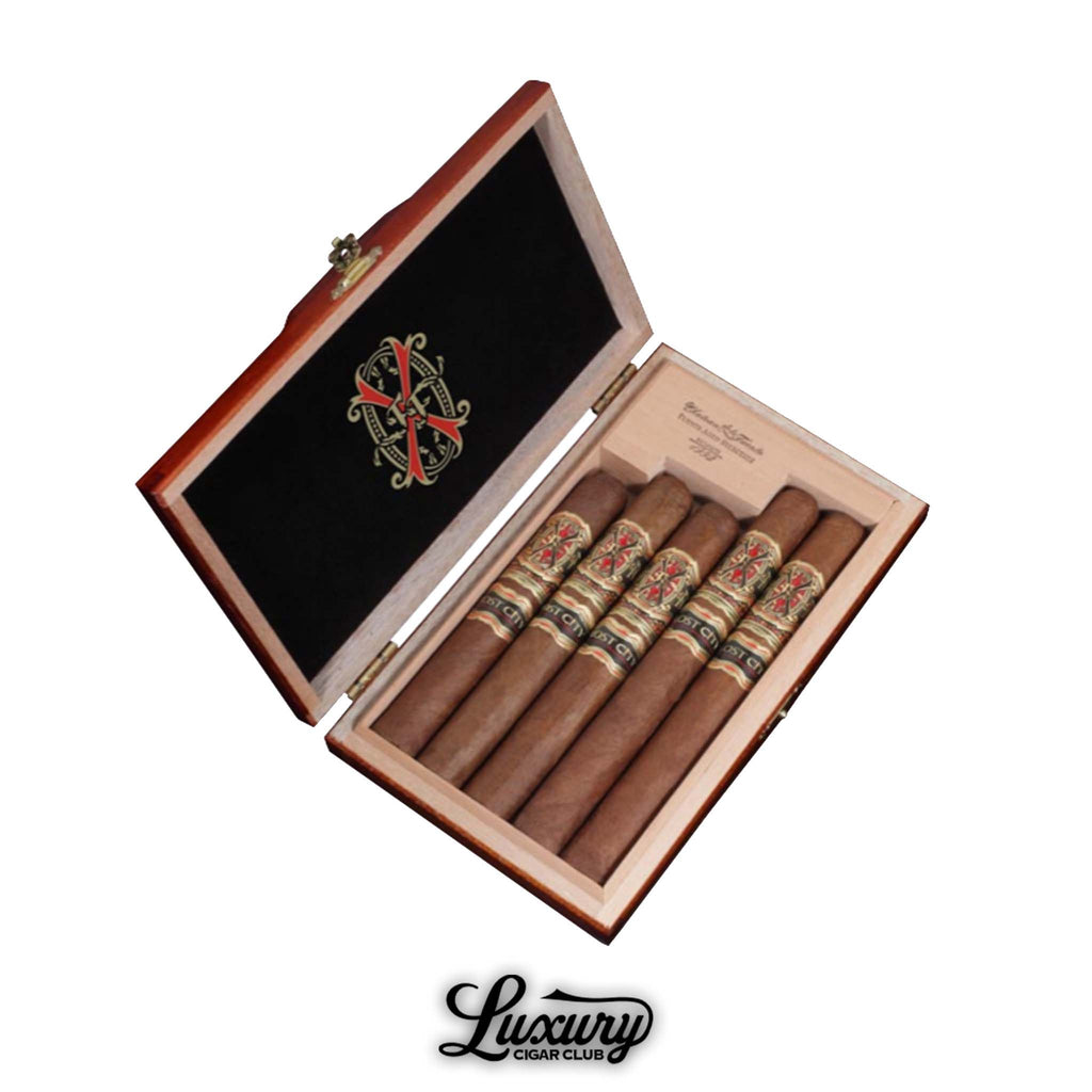 Fuente Fuente Opus X The Lost City Sampler box with five premium Dominican cigars featuring red and gold decorative bands, presented by Luxury Cigar Club.