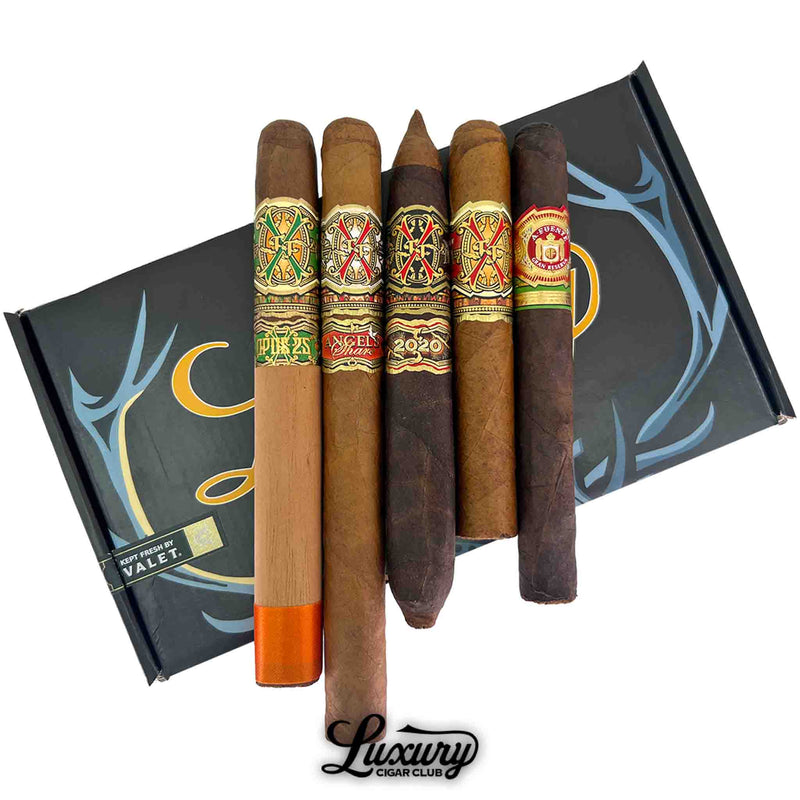 Close up of Fuente Opus X Unicorn Collection Sampler featuring rare limited edition cigars with ornate bands from Luxury Cigar Club