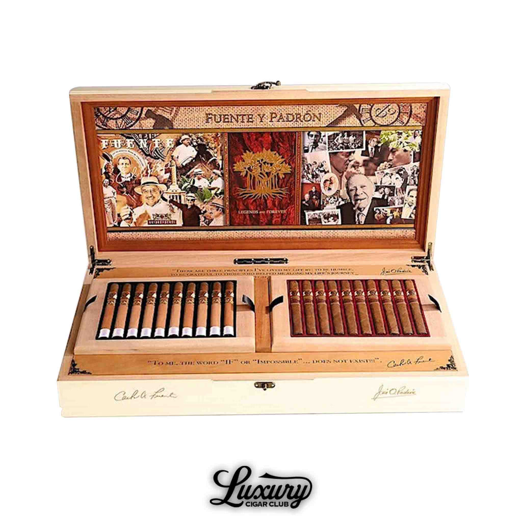 Fuente y Padrón Legends Limited Edition cigar sampler box open to reveal two sets of premium cigars with commemorative artwork, displayed by Luxury Cigar Club.