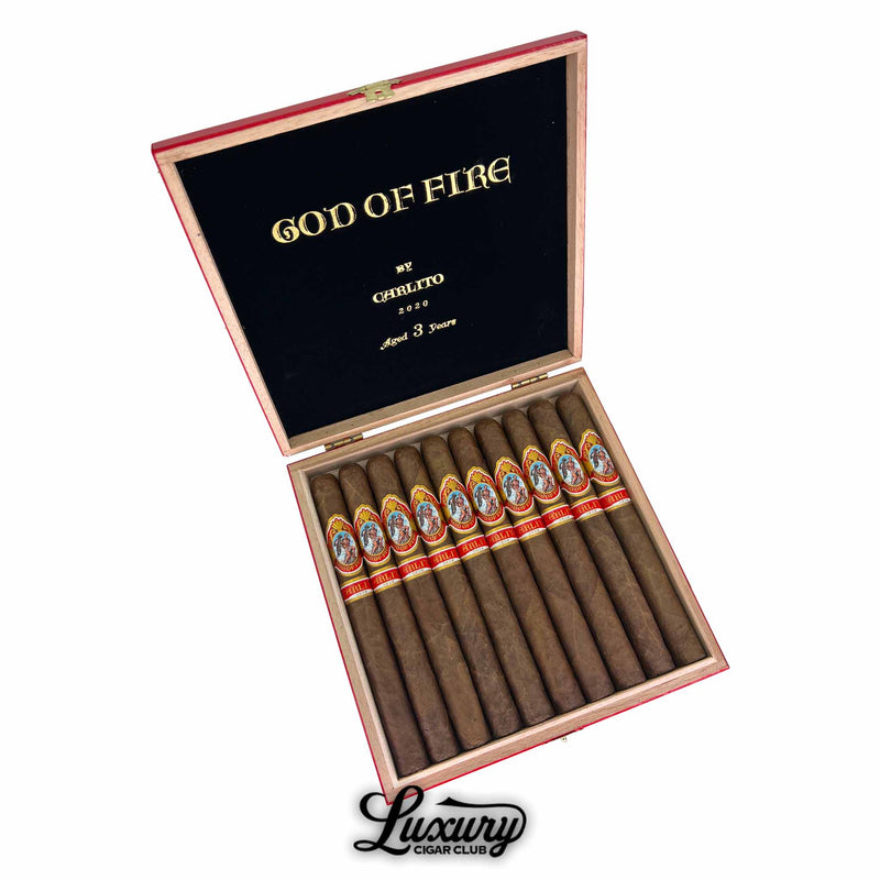Box of God of Fire by Carlito Churchill 2020 cigars aged 3 years – elegant long-format cigars handcrafted by Arturo Fuente with red Carlito bands, available at Luxury Cigar Club