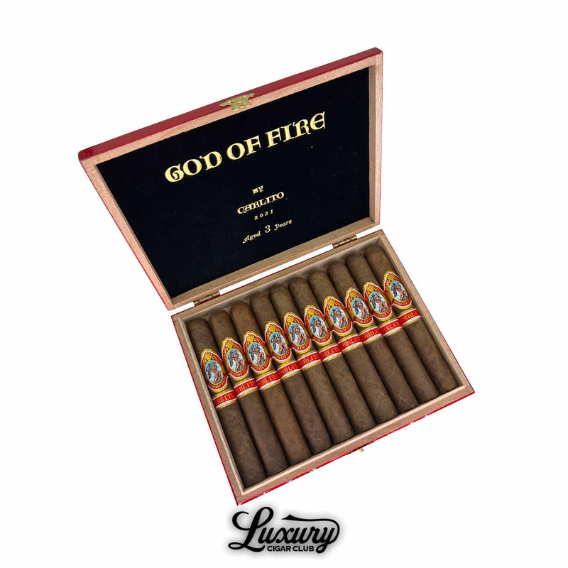 Box of God of Fire by Carlito Double Robusto 2021 cigars aged 3 years – rare Arturo Fuente cigars with light brown wrapper and bold red banding, sold by Luxury Cigar Club