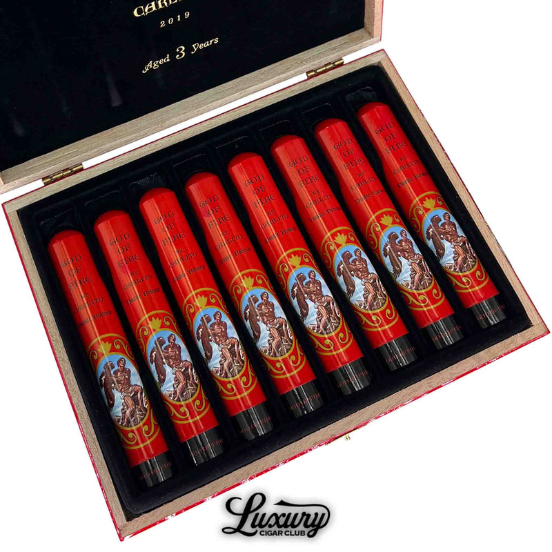 Close-up of God of Fire by Carlito Double Robusto Tubo 2019 cigars aged 3 years – collectible red tubos featuring classical artwork by Arturo Fuente, sold by Luxury Cigar Club