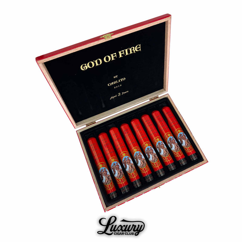 Box of God of Fire by Carlito Double Robusto Tubo 2019 cigars aged 3 years – luxury red tubos featuring detailed classic artwork, handcrafted by Arturo Fuente, available at Luxury Cigar Club