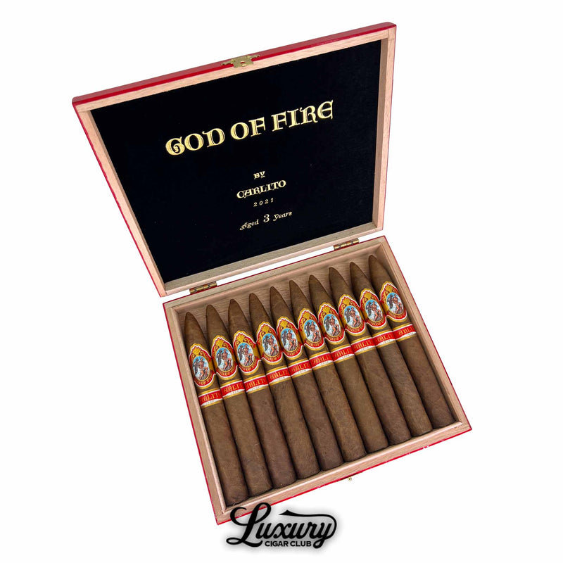 Box of God of Fire by Carlito Piramide 2021 cigars aged 3 years – luxury tapered cigars handcrafted by Arturo Fuente with signature red Carlito bands, presented by Luxury Cigar Club