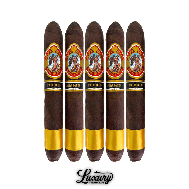 Five God of Fire Serie B Diademas 56 cigars standing in a row showing tapered shapes dark wrappers and gold foot bands for Luxury Cigar Club