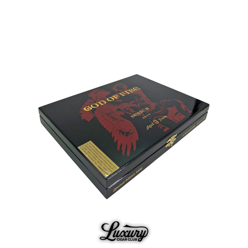Closed black God of Fire Serie B Diademas 56 cigar box featuring red artwork and gold lettering aged 3 years for Luxury Cigar Club