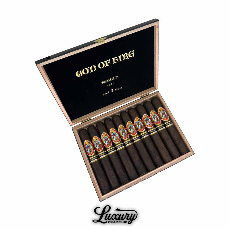 Box of God of Fire Serie B Gran Toro 2020 cigars aged 3 years – limited edition dark-wrapped premium cigars by Arturo Fuente with classic red and gold bands, from Luxury Cigar Club