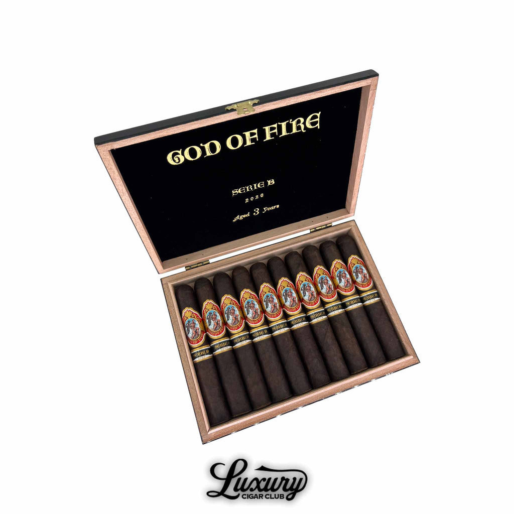 Box of God of Fire Serie B Robusto 2020 cigars aged 3 years – luxury dark-wrapped premium cigars by Arturo Fuente with iconic red, gold, and black bands, presented by Luxury Cigar Club
