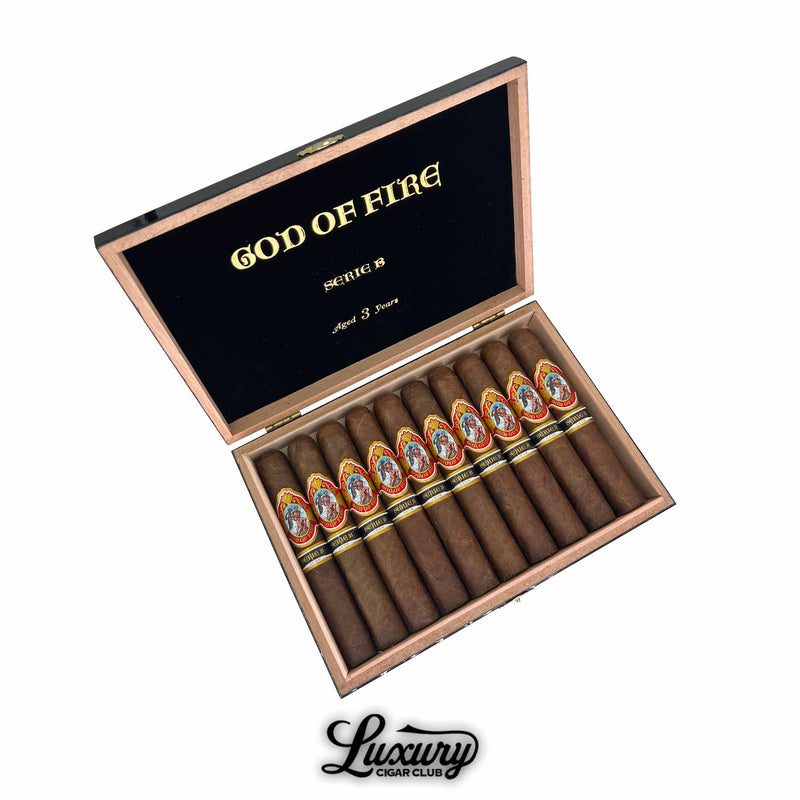 Box of God of Fire Serie B Robusto Gordo 54 cigars aged 3 years – handcrafted premium cigars by Arturo Fuente featuring bold red and gold bands, presented by Luxury Cigar Club