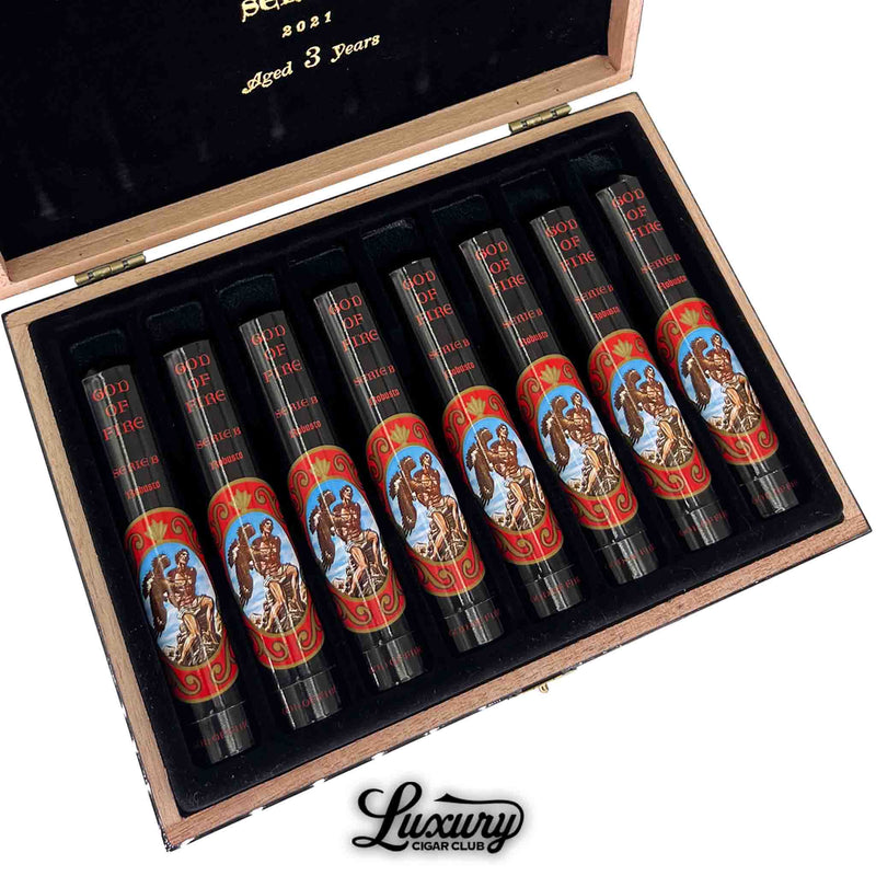 Box of God of Fire Serie B Robusto Tubo cigars aged 3 years – Limited Edition luxury cigars in individual tubos from Arturo Fuente, displayed by Luxury Cigar Club