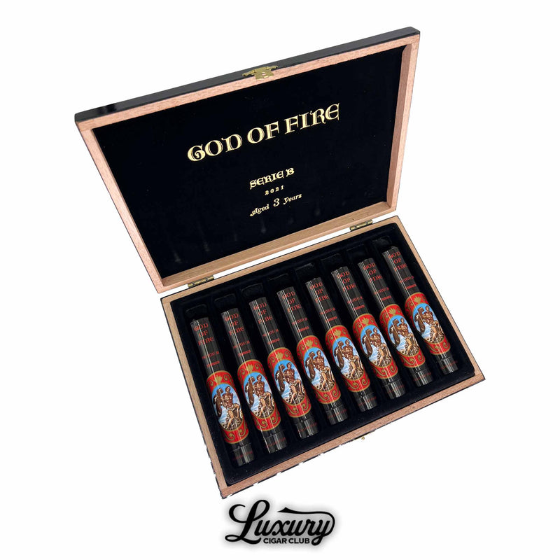 God of Fire Serie B 2021 Robusto Tubo cigars box aged 3 years – luxury limited edition Arturo Fuente cigars in black tubos with red and gold artwork, presented by Luxury Cigar Club