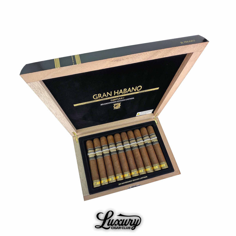 Gran Habano 20th Aniversario Capitulo I El Triunfo box open with cigars arranged neatly in velvet tray interior, Luxury Cigar Club