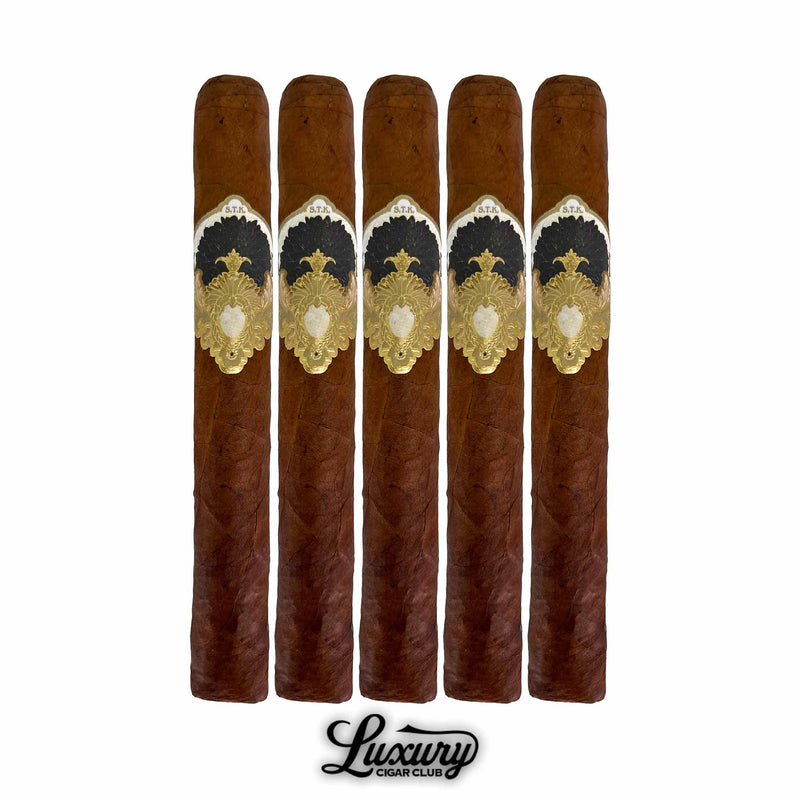 Five Gran Habano Black Dahlia Corona Gorda cigars in a row with detailed gold and black bands from Luxury Cigar Club.