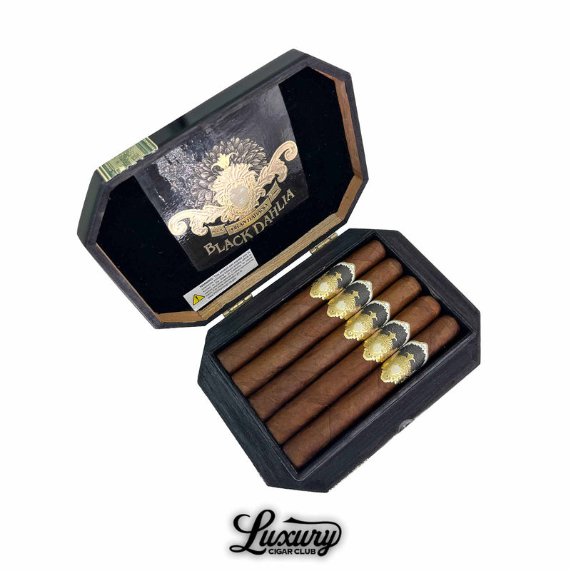 Open black octagon-shaped box of Gran Habano Black Dahlia Corona Gorda cigars with gold and black bands from Luxury Cigar Club.