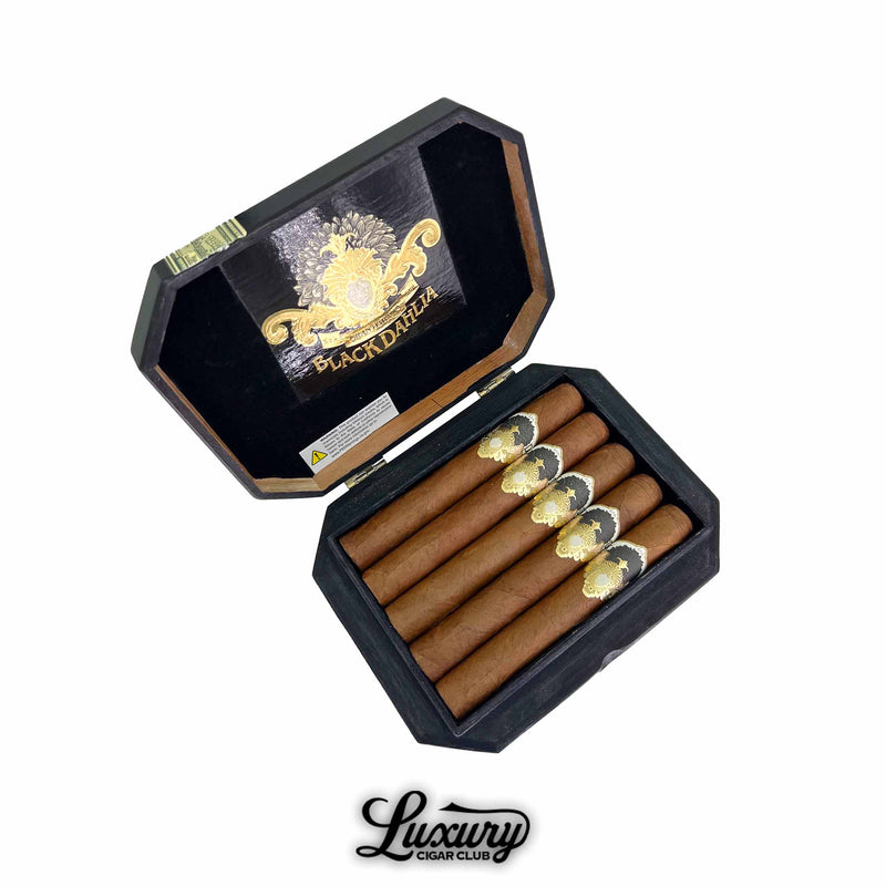 Open box of Gran Habano Black Dahlia Gran Robusto cigars with decorative branding from Luxury Cigar Club.