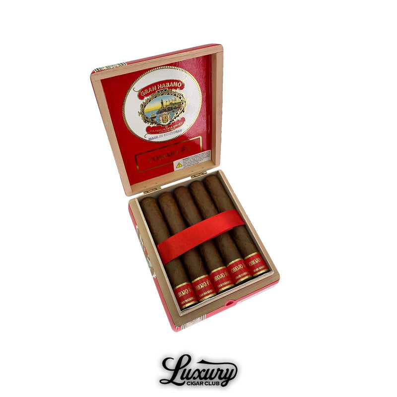 Open red Gran Habano Corojo No. 5 Imperial box showing five dark brown Corojo wrapped cigars secured with a bold red ribbon, displayed for sale by Luxury Cigar Club.