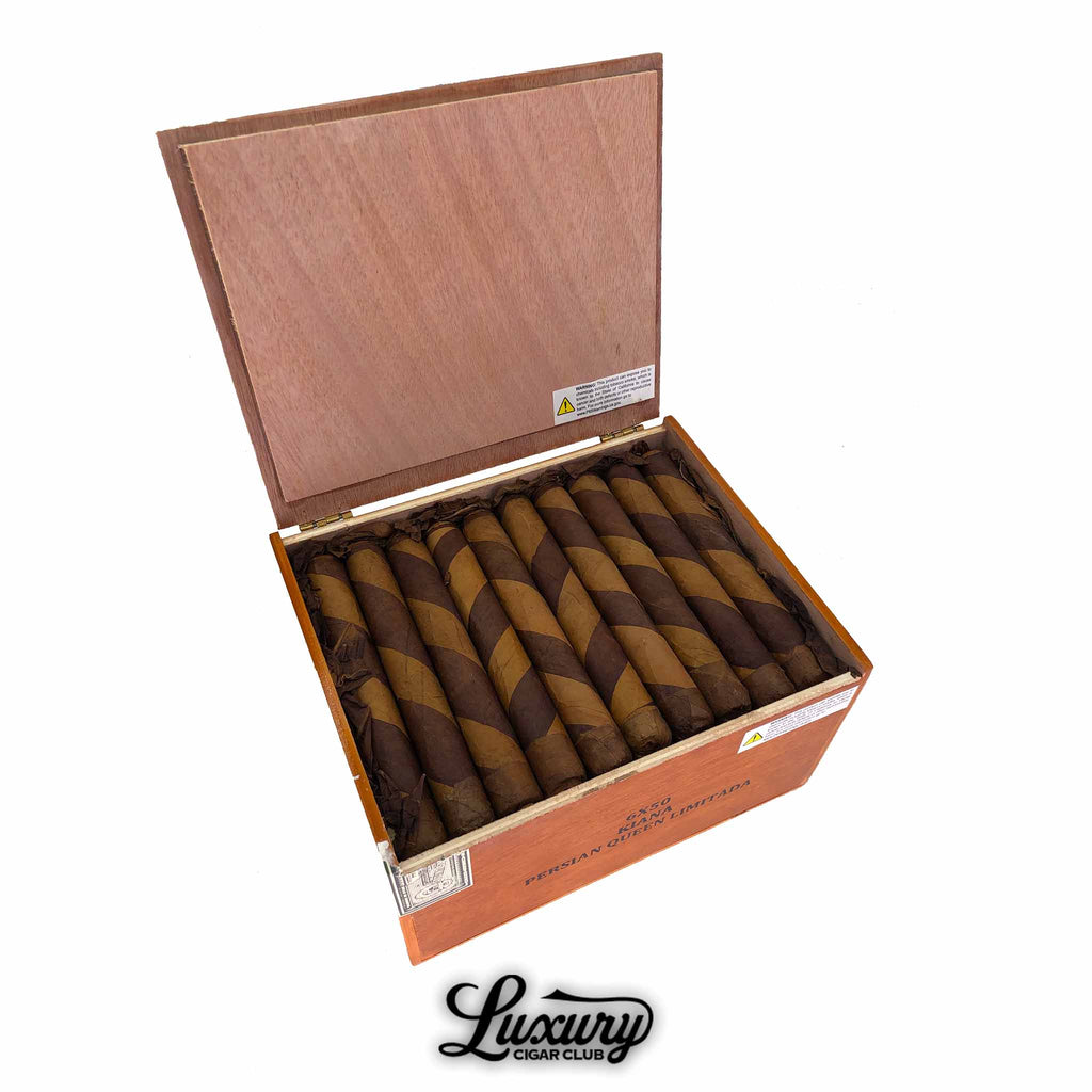 Gran Habano Persian Queen Limitada Kiana cigars displayed in an open cedar box, featuring striking barber pole wrappers crafted from alternating dark and light tobaccos, presented by Luxury Cigar Club.