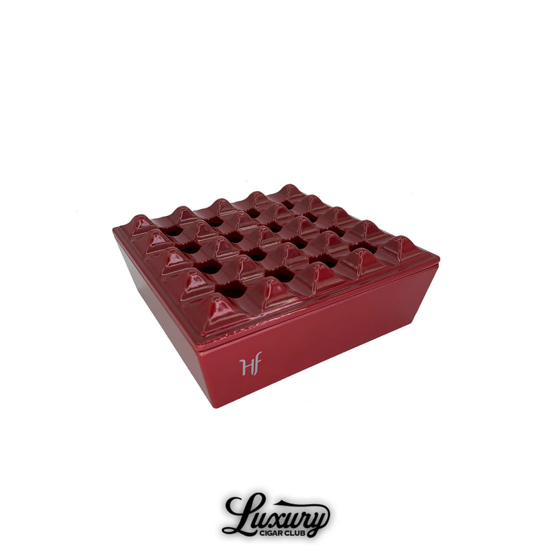 HF Barcelona Melamine Grid Ashtray in bold red finish, featuring modern grid pattern, displayed on white background with Luxury Cigar Club logo.