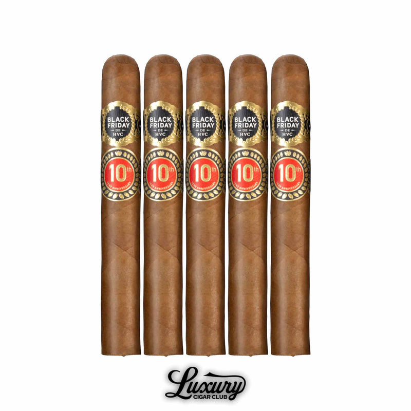 Five HVC Black Friday 2025 Limited Edition cigars lined up to show detailed gold and red 10th Anniversary bands, featured by Luxury Cigar Club.