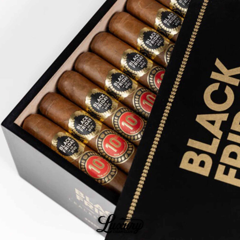 Close-up of HVC Black Friday 2025 Limited Edition cigars inside a black and gold box, showcasing premium construction and elegant branding, presented by Luxury Cigar Club.