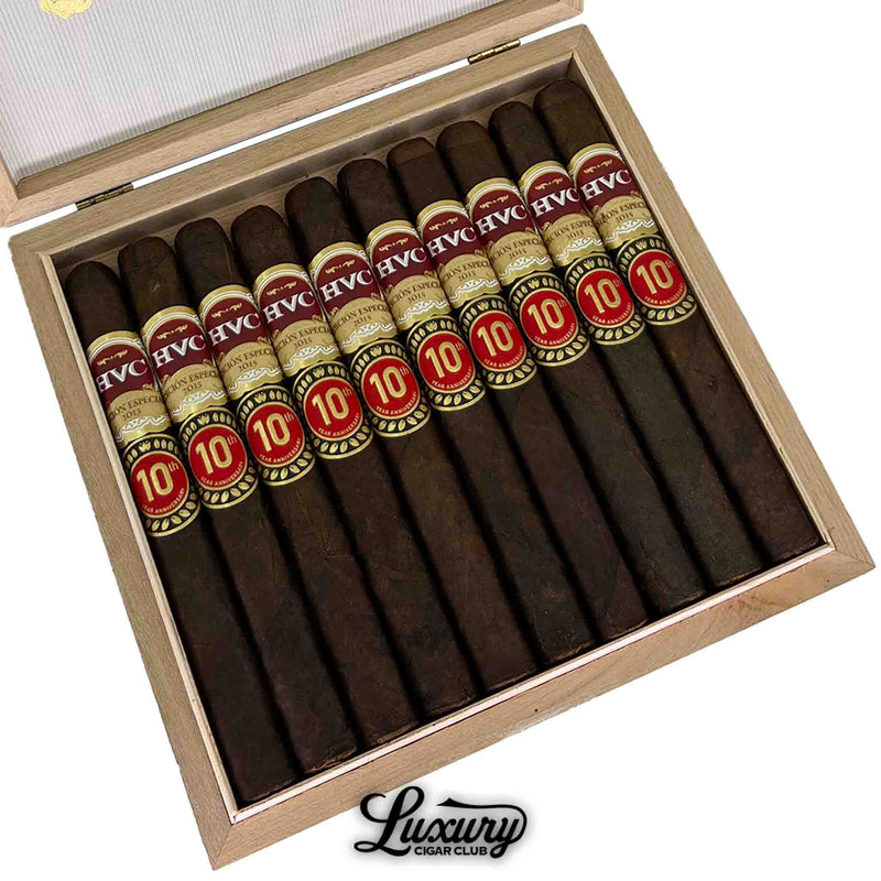 Close-up of HVC Edición Especial 2015 Especiales cigars in box with red and gold “10th Anniversary” bands, highlighting premium Nicaraguan cigars at Luxury Cigar Club.