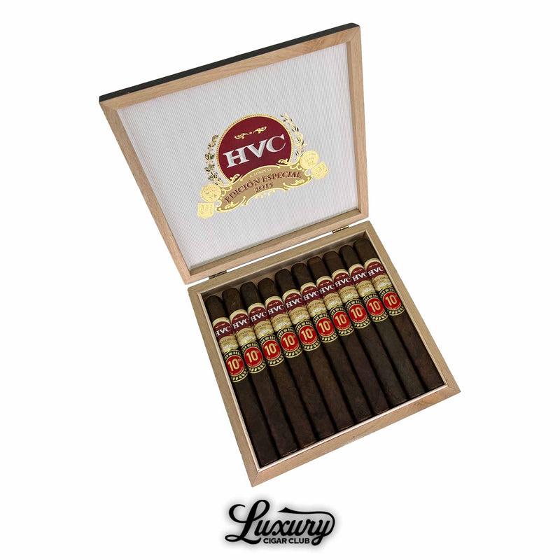 Open box of HVC Edición Especial 2015 Especiales cigars with elegant red and gold bands, showcasing premium Nicaraguan cigars available online at Luxury Cigar Club.