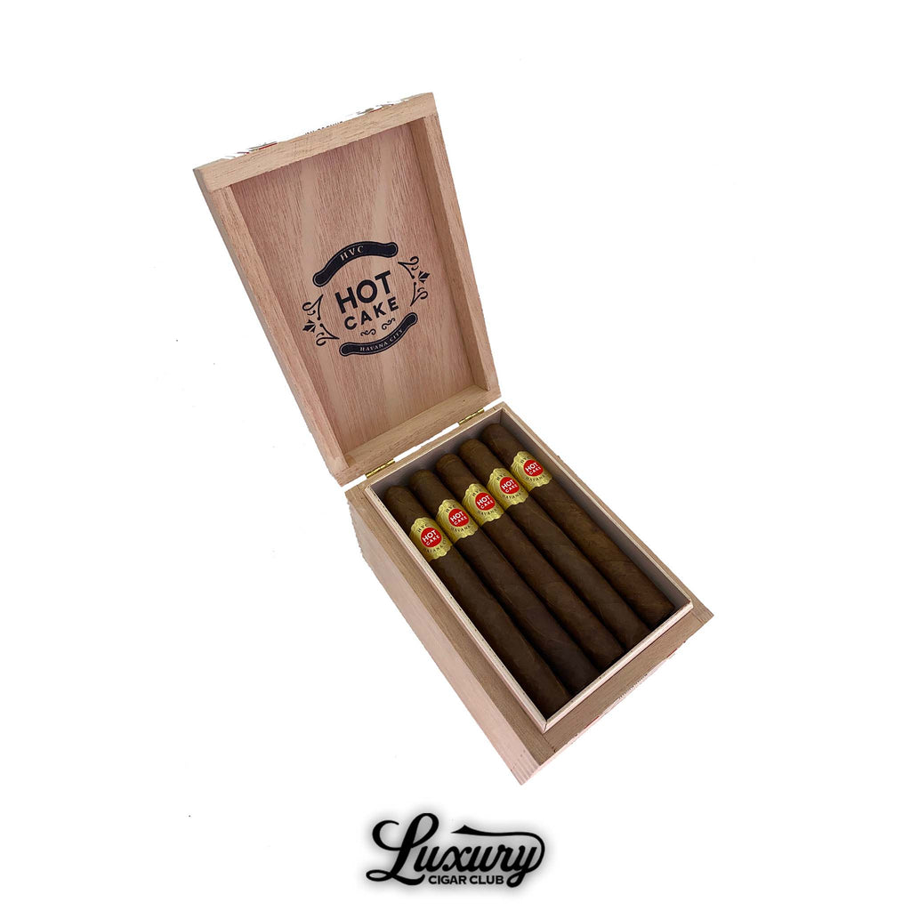 HVC Hot Cake Laguito No. 5 cigars in open wooden box from Luxury Cigar Club