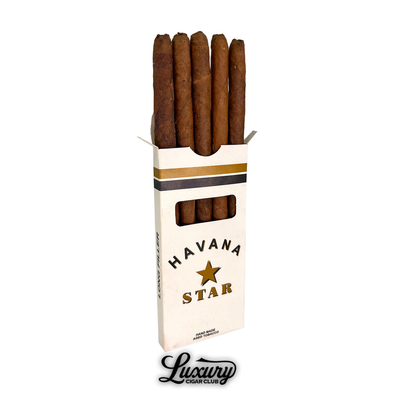 Open pack of Havana Star Chicos 27 Years Aged cigars showing long-filler handmade sticks in white packaging with gold star logo, Luxury Cigar Club.
