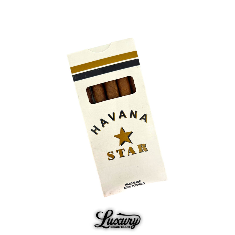 Pack of five Havana Star Chicos 27 Years Aged handmade cigars displayed in a slim white box with gold and black accents, Luxury Cigar Club.