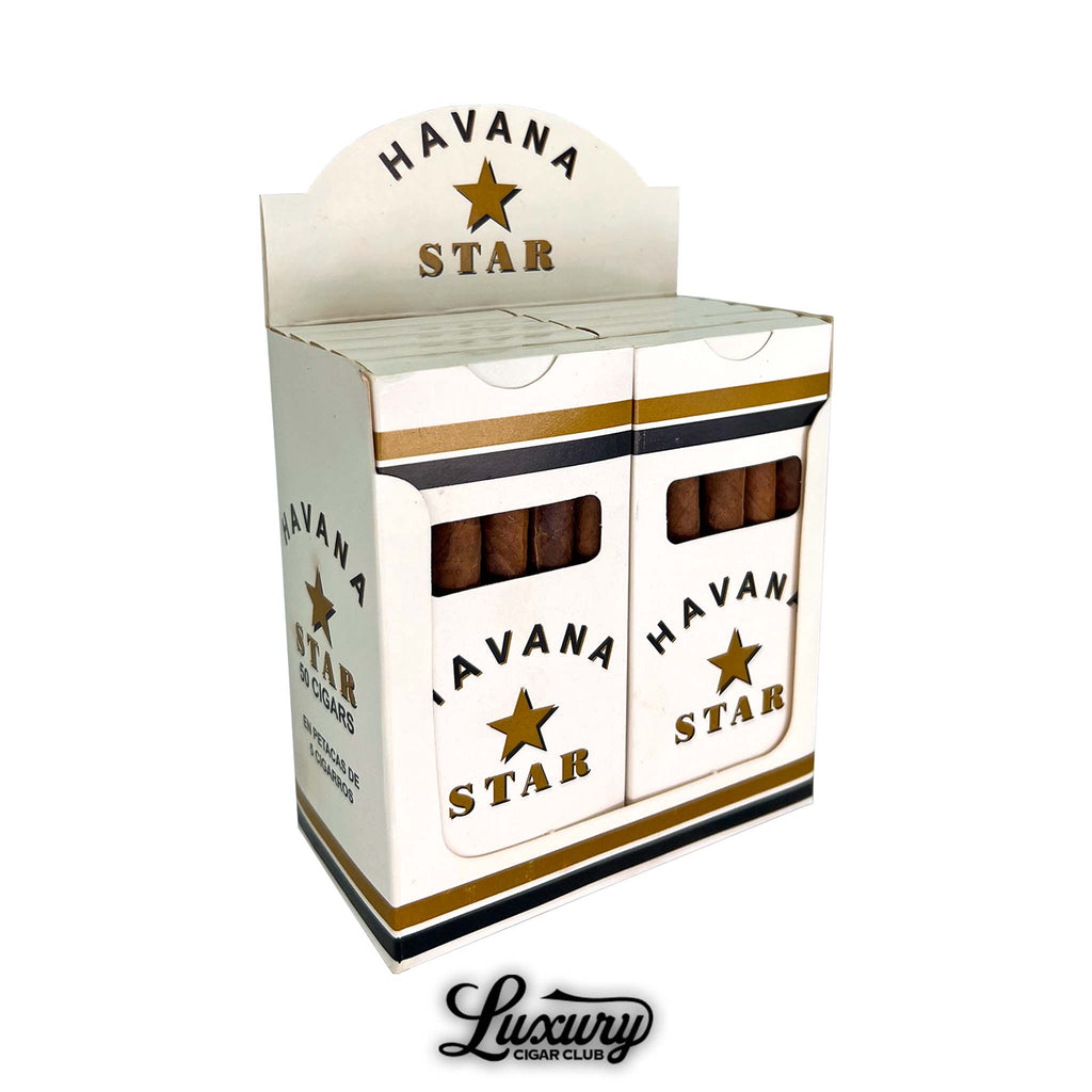 Retail display box of Havana Star Chicos 27 Years Aged handmade cigars with multiple packs inside white and gold branded packaging, Luxury Cigar Club.