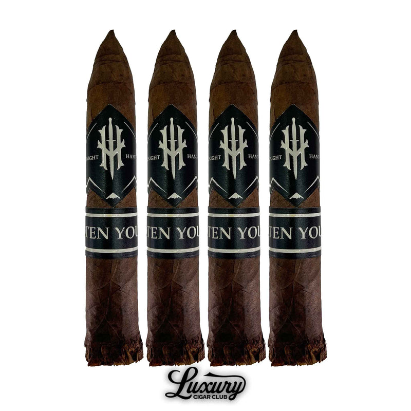 Four-pack of Hooten Young Midnight Hammer Limited Edition Torpedo cigars with dark brown wrappers and black bands, displayed upright with Luxury Cigar Club logo