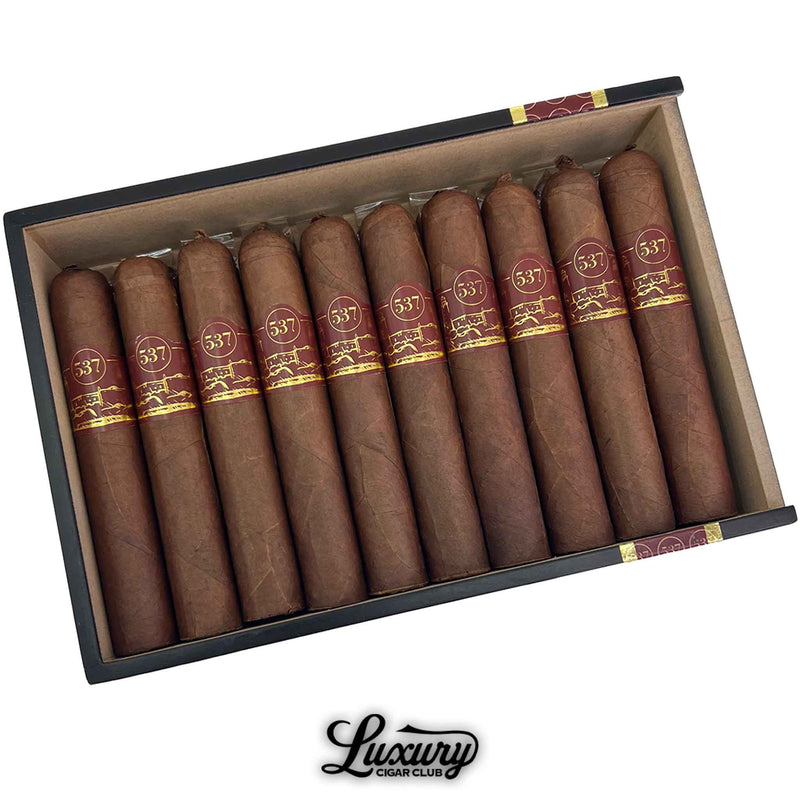 Close-up of IGM 537 Toro cigars in an open box, showcasing smooth brown wrappers and red bands with gold accents, premium handcrafted cigars from Luxury Cigar Club.