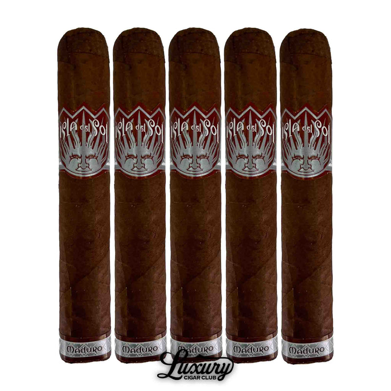Row of five Isla del Sol Maduro Robusto cigars with red and silver bands marked Maduro, highlighting smooth, dark wrappers.
