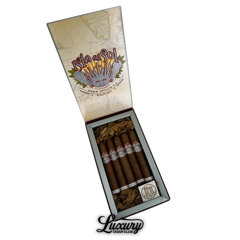 Open box of Isla del Sol Maduro Robusto cigars with Drew Estate branding and map-style lid artwork.