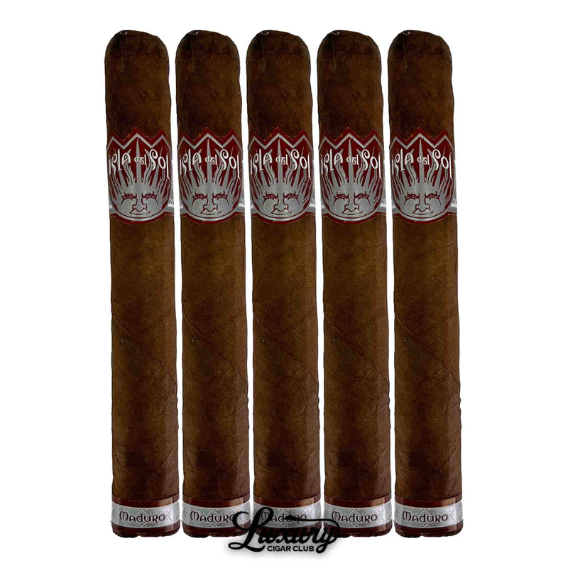 Five Isla del Sol Maduro Toro cigars standing upright, showcasing brown maduro wrappers and red-and-silver sunburst bands.