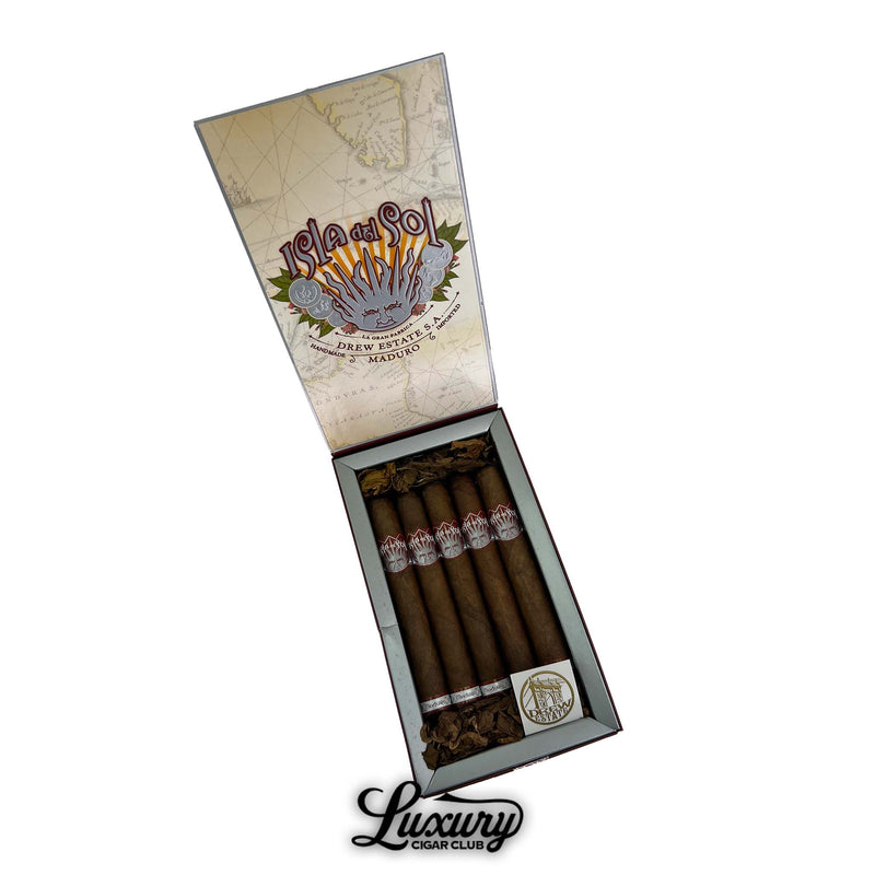 Open box of Isla del Sol Maduro Toro cigars by Drew Estate with detailed branding and map-style inner lid design.