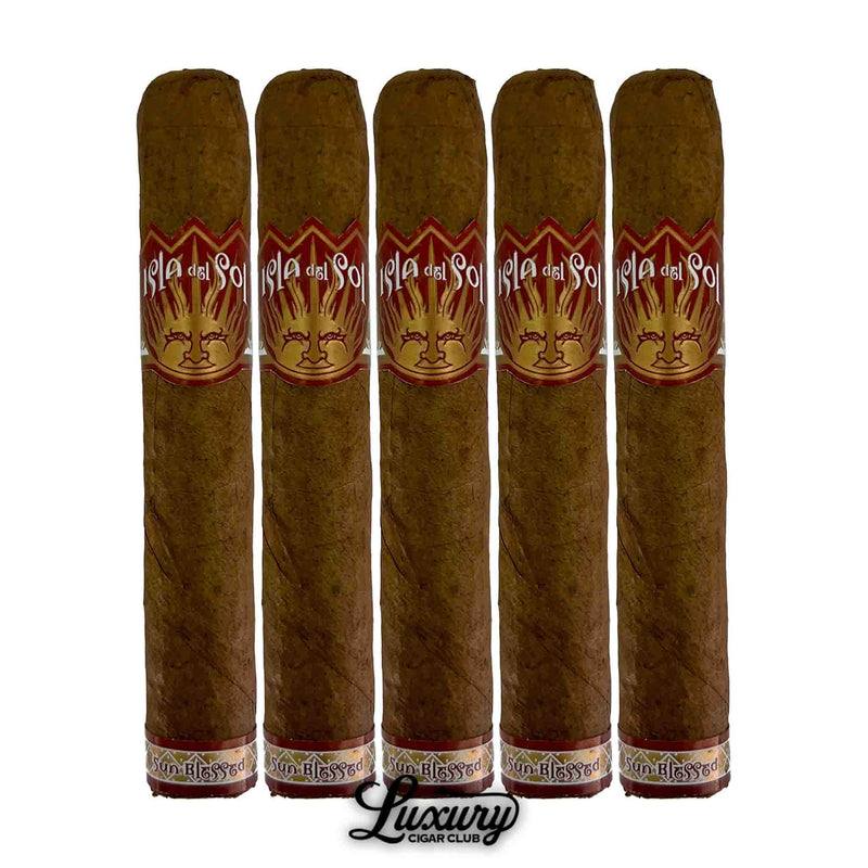 Five-pack of Isla Del Sol Sungrown Robusto cigars with sun-themed red and gold bands and premium sungrown wrappers.
